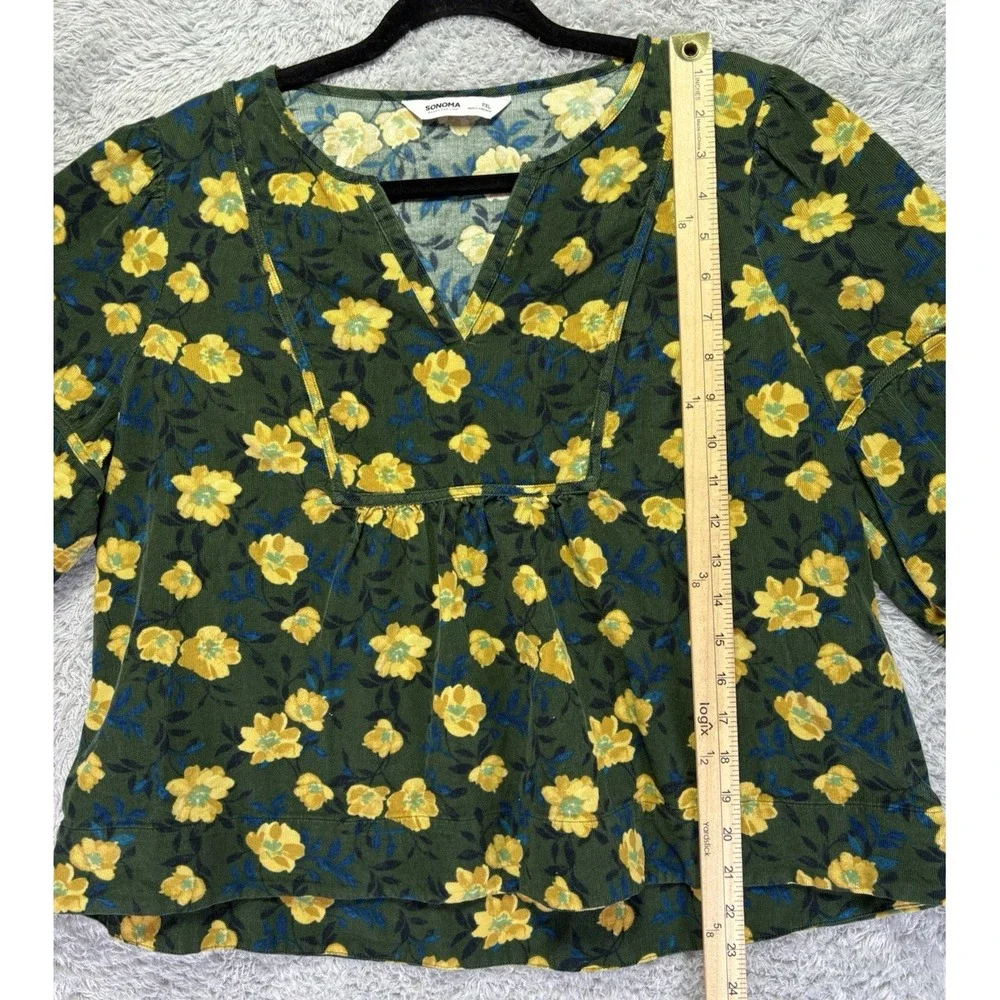 Sonoma Womens PXL Corduroy Tunic Top Floral Yellow Green V Neck Puff Sleeve Boho